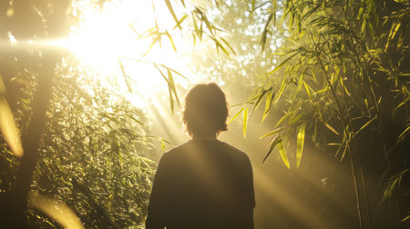 A figure strolls peacefully through a tranquil bamboo forest where soft sunlight illuminates the vibrant green plants. The play of light creates a magical atmosphere all around.の素材