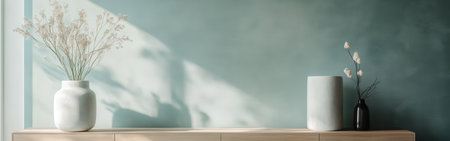 Soft rays of light filter through a serene room adorned with muted teal and gray walls. Delicate vases with floral accents enhance the tranquil ambiance, promoting relaxation.の素材