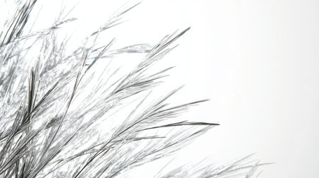 Short blades of metallic silver grass stand out against a bright white background, creating a modern and sleek look. The grass shimmers, enhancing its futuristic appearance.の素材