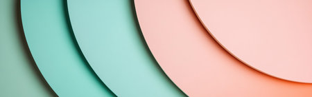 Pastel mint and peach arcs blend softly into negative space, forming a calming minimalist design. The arcs overlap harmoniously, showcasing a serene color palette that invites relaxation.の素材