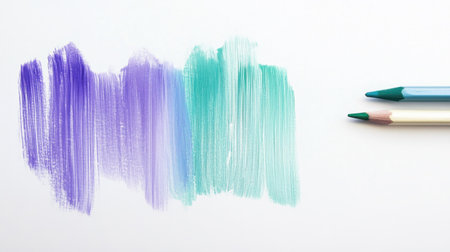 Delicate pencil strokes in lavender and mint tones create a serene artwork, blending softly on the canvas. The random patterns evoke a minimalist aesthetic, inviting tranquility and reflection.の素材