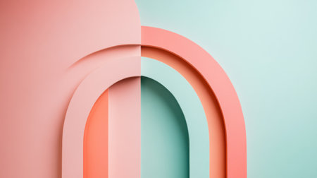 Layers of soft muted coral and mint arcs interact playfully with each other, creating depth and visual interest in a contemporary space. Ideal for modern design aesthetics.の素材