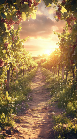 Rows of lush grapevines glow under warm golden hour light, creating a picturesque setting. A peaceful pathway invites visitors to explore this rustic vineyard landscape.の素材