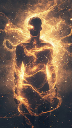 A powerful silhouette of a man glows with radiant lightning streaks and swirling wind patterns, embodying elemental dynamism in a mesmerizing display of energy.の素材