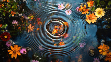 Ripples emanate from a single drop in a puddle, surrounded by colorful spring blooms reflecting seasonal hues. The scene captures the essence of nature in bloom.の素材
