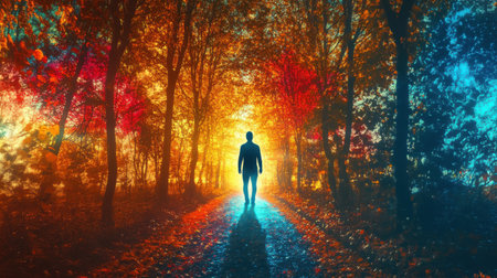 A glowing silhouette of a man stands on a forest path, surrounded by vibrant autumn trees. The scene captures a moment of introspection and transformation in nature's embrace.の素材
