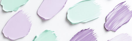 Pastel mint and lavender strokes are thoughtfully placed in an asymmetrical pattern on a bright background, creating a serene and minimalist aesthetic. The gentle hues enhance the calming effect.の素材