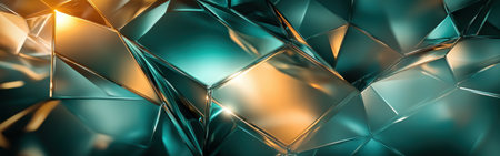 This composition showcases overlapping hexagons and triangles in shades of green, teal, and gold. A soft, glowing light emanates from the center, adding depth and a serene, futuristic atmosphere.の素材