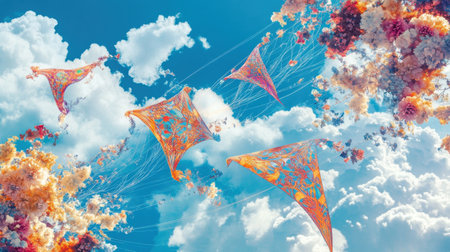 Intricate kite designs soar against a backdrop of fluffy white clouds, illuminated by vibrant seasonal hues, creating a mesmerizing visual effect that captivates the viewer.の素材