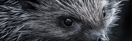 This close-up reveals a hedgehog's delicate features, highlighting its tiny nose and the fascinating patterns of its spines, all set in gentle light. The hedgehog's curious eyes add charm.の素材
