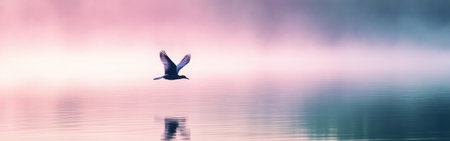 A bird glides gracefully above a calm lake at dawn, its silhouette reflected in the vibrant pastel colors of the morning sky and serene water, creating a peaceful atmosphere.の素材