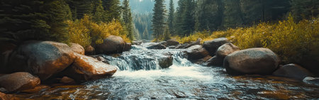 A clear stream cascades over smooth stones, surrounded by lush green trees and tall grasses. Soft light filters through the canopy, creating a peaceful atmosphere in the mountains.の素材