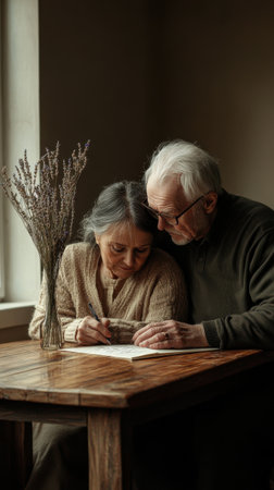 An elderly couple sits closely at a wooden table, engaged in writing together. Soft light fills the room, highlighting their intimate connection and warmth, with a vase of dried lavender nearby.の素材