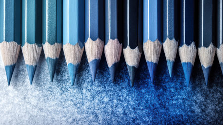A series of blue colored pencils arranged tightly together showing a gradient from soft gray to vibrant blue. Each pencil tip is sharply pointed, revealing a rich color palette.の素材