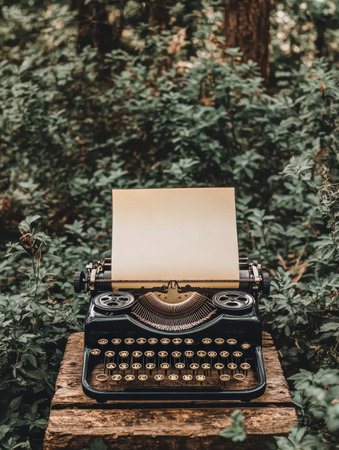 A vintage typewriter stands on a wooden table surrounded by lush green foliage, featuring a blank page poised for creativity. This serene outdoor setting invites inspiration.の素材