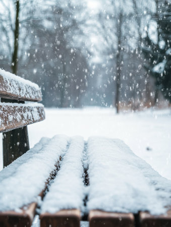 A close-up view of a wooden bench blanketed in fresh snow. Soft snowflakes fall gently in the background, enhancing the serene winter atmosphere of the park.の素材