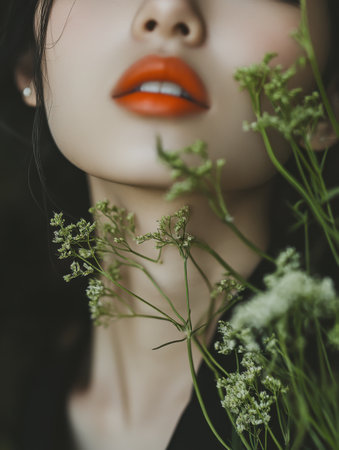 Colorful sushi rolls are artistically arranged on a plate, complemented by fresh herbs and a dollop of wasabi, showing a delightful culinary creation ready to be enjoyed.の素材