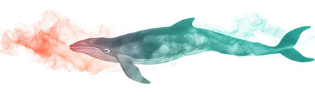 A majestic whale glides smoothly through colorful water currents, showing its elegant silhouette against a backdrop of gentle waves at sunset. The tranquility of the scene captivates.の素材