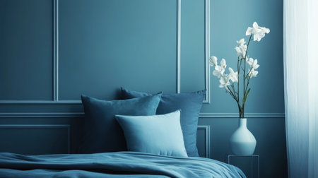 This bedroom cozy showcases a minimalist design in a gradient of blue tones, featuring plush pillows, soft bedding, and a delicate vase with white flowers for a touch of elegance.の素材