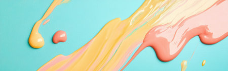 Colorful blobs in warm peach, coral pink, and soft yellow flow across a cool blue surface. The smooth textures and lively hues combine to create an appealing abstract visual experience.の素材