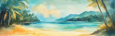 A tranquil tropical beach features crystal-clear turquoise water and gentle waves lapping at the soft, sandy shore, surrounded by tall, swaying palm trees and distant mountains under a bright sky.の素材