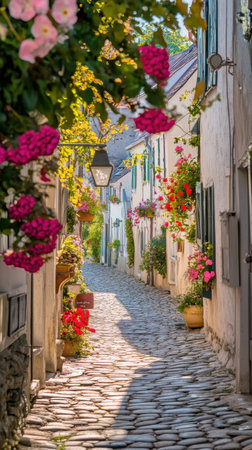 A charming cobblestone street is lined with historic buildings overflowing with colorful flowers. The warm sunlight creates a nostalgic ambiance, inviting visitors to explore.の素材