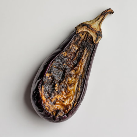 A single roasted eggplant half reveals its tender interior and lightly charred purple skin. It is artistically positioned on a pristine white background, highlighting its appealing texture.の素材