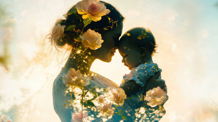 A gentle silhouette captures a mother holding her child, entwined with radiant visuals of blooming roses and vibrant spring gardens, emphasizing their deep bond.の素材