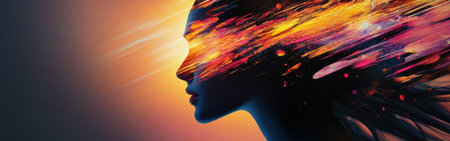 A woman's profile glows with radiant colors, merging into an abstract design of jagged strokes. The vibrant hues create a surreal visual experience that captures attention and imagination.の素材