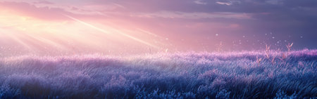 Dewy blue-tinted grass covers a tranquil meadow, illuminated by gentle light rays during a serene twilight. Soft purple and pink hues create a peaceful atmosphere, evoking wonder.の素材