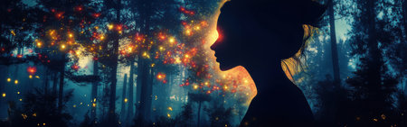 A woman's silhouette stands amidst a luminous forest at twilight, surrounded by radiant fireflies dancing in the air, creating a magical atmosphere in nature.の素材