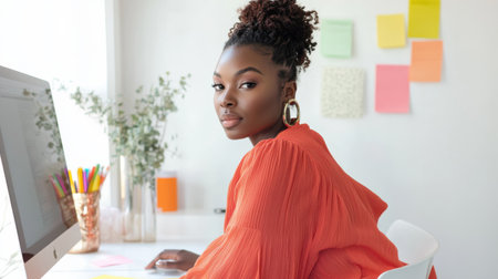 A woman with dark brown skin and coiled hair sits at a white desk, looking intently at her computer screen. Colorful folders and greenery enhance her serene workspace.の素材