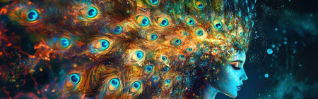 A woman glows with an ethereal light as radiant peacocks gracefully spread their vibrant feathers, creating intricate designs that fill the space around her, evoking a dreamlike atmosphere.の素材