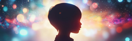 A child glows with an otherworldly light, their silhouette framed by vibrant spacecraft and swirling galaxies, evoking a sense of cosmic curiosity and wonder.の素材