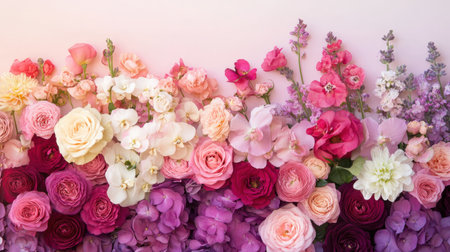A vibrant array of blossoms in shades of pink and lavender creates a stunning visual experience. The soft ombre backdrop enhances the beauty of spring flowers in full bloom.の素材