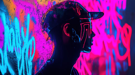 A man stands against a wall adorned with vivid graffiti, his silhouette glowing in bright neon colors. This artwork captures the essence of urban creativity and personal expression.の素材