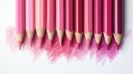 A range of pink colored pencils is arranged on white paper, demonstrating a smooth gradient effect. Soft strokes in varying intensities complement the colorful setup.の素材