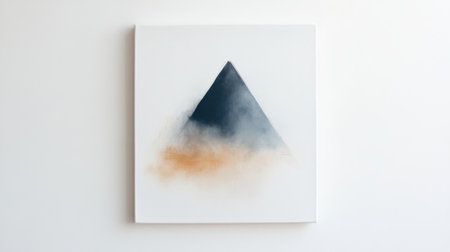 A striking abstract art piece showcases a bold pyramid shape on a minimal white canvas. The artwork blends soft tones of gray and orange, creating a contemporary focal point for an elegant setting.の素材