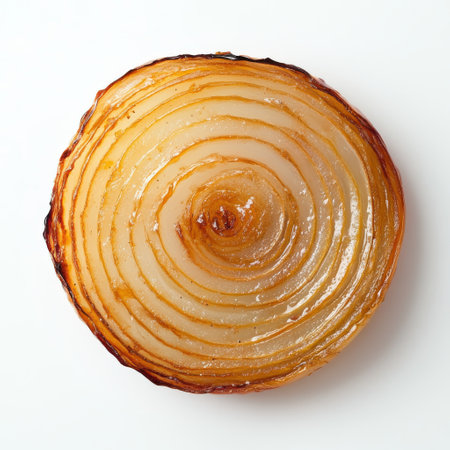 A single roasted onion slice with beautifully caramelized golden layers sits on a pristine white background, highlighting its delicate texture and inviting appearance.の素材