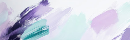 Soft pastel strokes in mint and lavender overlap asymmetrically on a clean, white background, providing a tranquil yet dynamic abstract aesthetic that invites contemplation and relaxation.の素材