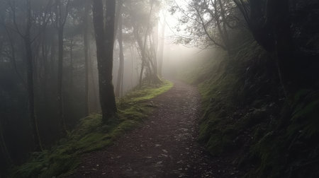 A misty path winds through the forest as soft sunlight pierces the dense canopy. The scene evokes calmness and mystery, inviting exploration and reflection.の素材