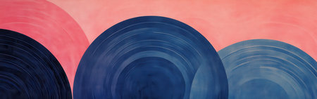 This artwork showcases a minimalist design with elegant pencil strokes forming circular shapes in varying shades of blue, set against a warm pink background that adds depth and warmth.の素材