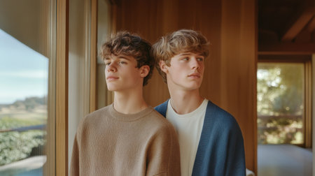 Two young men pose close to each other in a stylish interior, illuminated by natural light coming through large glass windows. They appear relaxed and contemplative, dressed casually.の素材