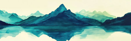 Majestic mountain range mirrored in a tranquil lake, highlighted by gradient tones of blue and green. The serene natural landscape evokes a sense of peace and beauty at dusk.の素材