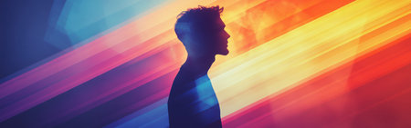 A glowing silhouette of a man stands out against a backdrop of vibrant intersecting lines and color blocks, symbolizing creativity and modern artistic expression.の素材