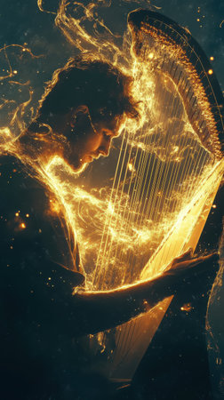 A man plays a harp, his silhouette illuminated by glowing strings and swirling melodies, capturing the essence and beauty of classical music in a stunning visual display.の素材