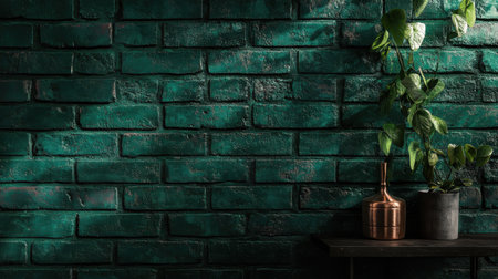The dark emerald green brick wall, accented with faint copper highlights, creates a luxurious atmosphere. A simple table displays stylish planters, adding a touch of nature.の素材