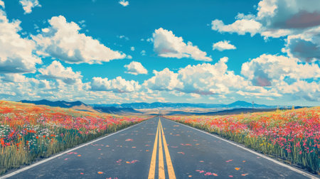 Endless highways wind through fields of blooming wildflowers, stretching toward a horizon filled with fluffy clouds against a bright blue sky. Nature flourishes beautifully.の素材