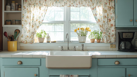 This cozy kitchen features a vintage farmhouse sink, light blue cabinetry, and floral-patterned curtains brightening the space. Sunlight streams in, enhancing the inviting atmosphere.の素材