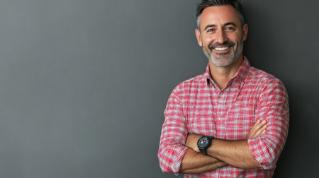 Middle-aged man poses confidently with arms crossed, showcasing a warm smile. He wears a red and white checkered shirt, highlighting his approachable demeanor against a gray backdrop.の素材